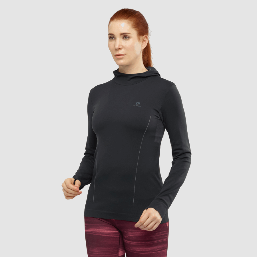 T-Shirt Maniche Lunghe Con Cappuccio Da Donna Essential Seamless Black/Ebony